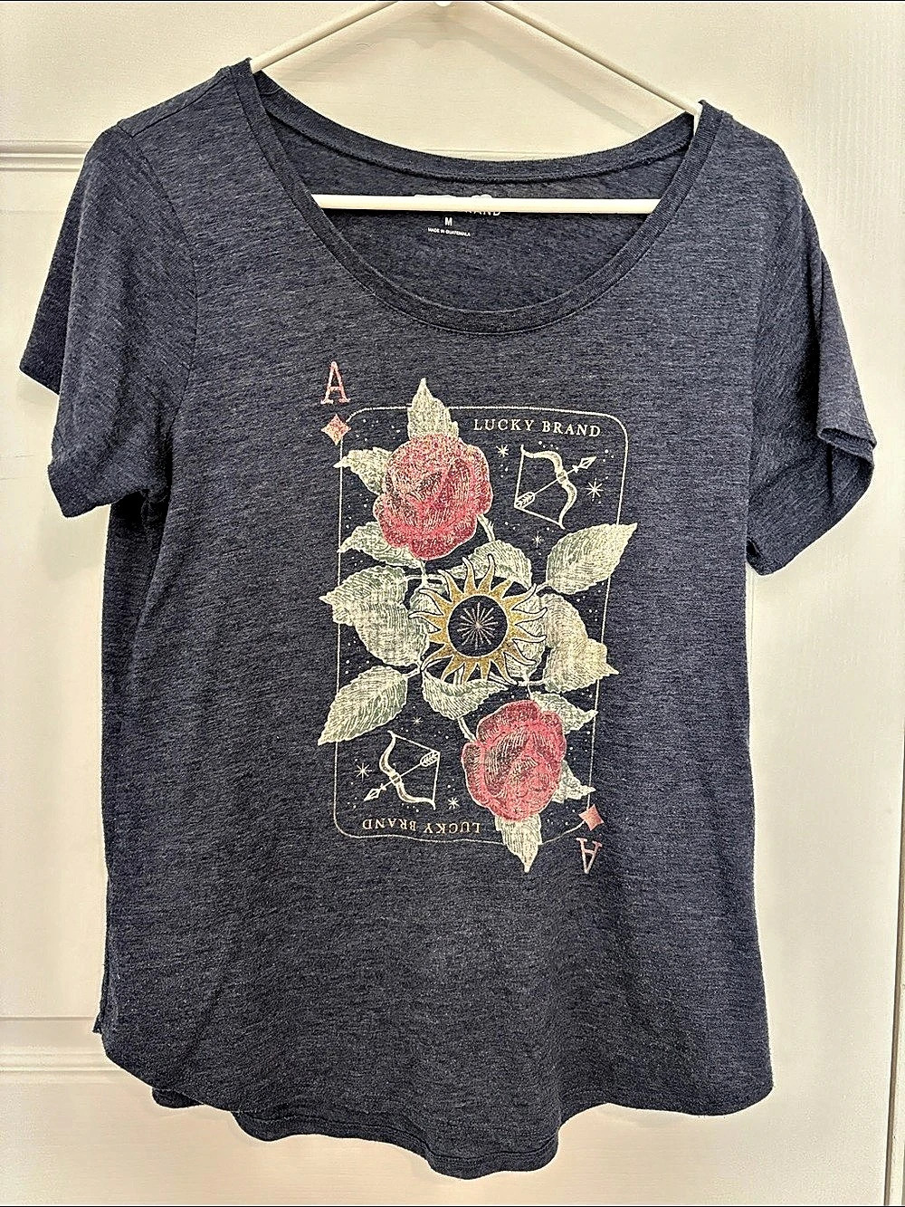 Lucky Brand Ace Playing Card Rose Graphic Tee Gray Size Medium